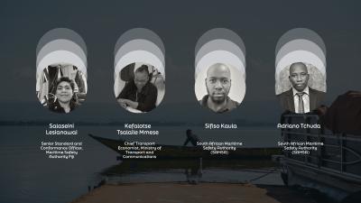 Four maritime safety professionals displayed with titles and affiliations on a scenic dock background.